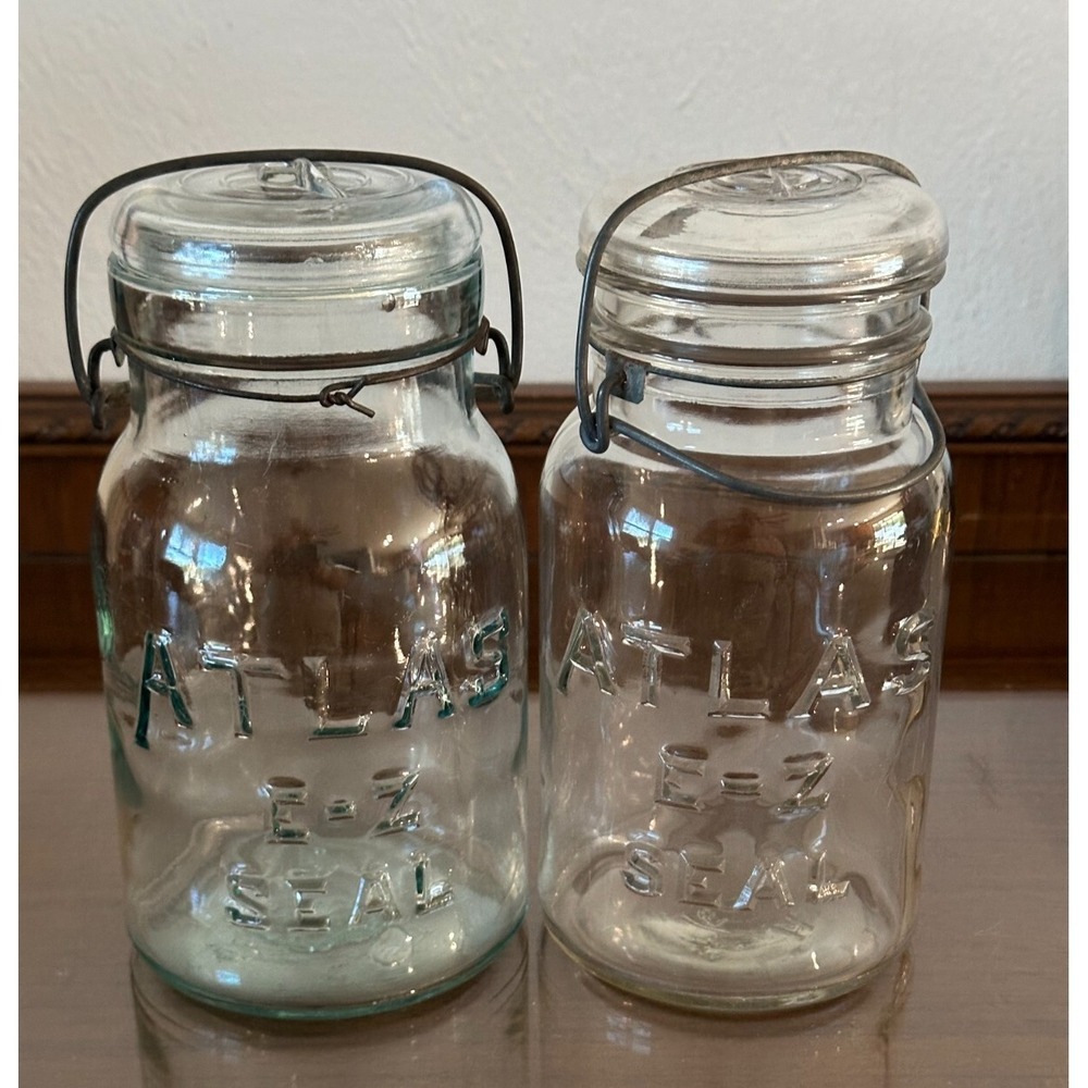 Vintage Atlas E-Z Seal Blue & Clear Canning Jar Wire Bail Glass Lid Quart Size
